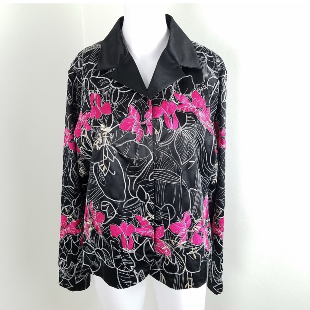 Chicos Jacket 1 M Silk Floral Blazer Embroidered Asian Black Pink Women